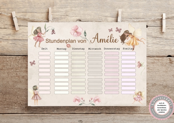 zuckersüßer Stundenplan, Feen Elfen, personalisiert mit Deinem Wunschnamen, Print A4 Einschulung Klassenwechsel  von Lüttentüddel®